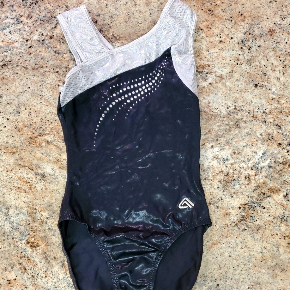 Alpha Factor Gymnastics Dance Leotard Medium Black White Mystique RHINESTONES
